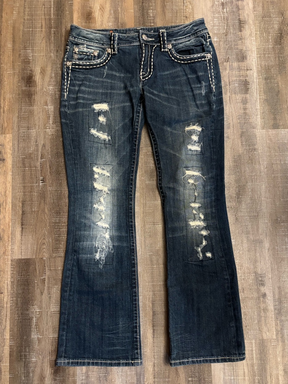 Miss Me Bootcut Jeans Women's Size 29 Thick Stitch Distressed Denim Y2K Western